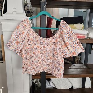 Anthropologie Floral Smocked Blouse - Orange, White & Blue
